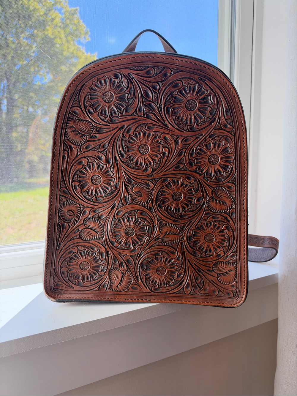 American Darling Hand-Tooled Floral Leather Backpack in Brown